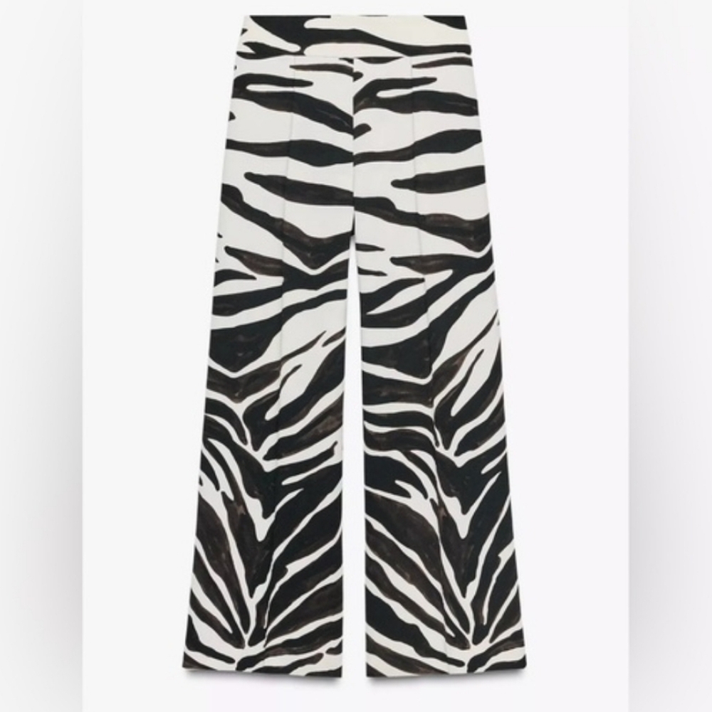 Zara Black Satin Top with Black & White Zebra Wide-Leg Pants - Picture 2 of 8